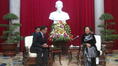 越南国家副主席阮氏缘会见老越友协代表团